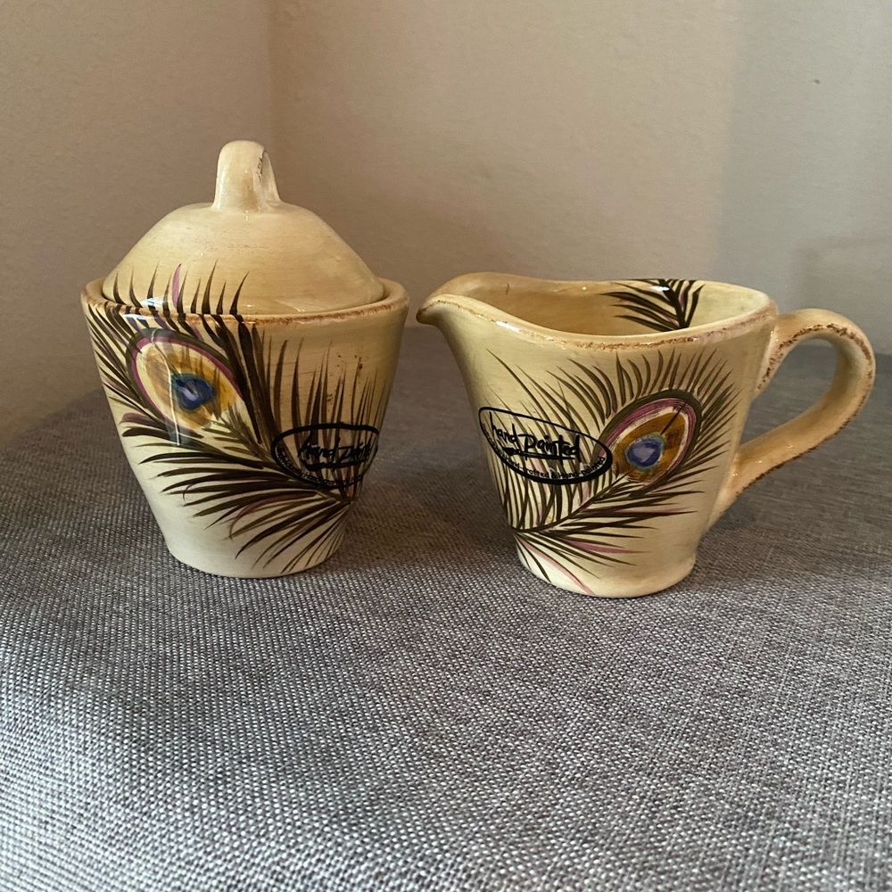 Tabletop Gallery, Peacock. Handcrafted and hand painted Sugar & Creamer